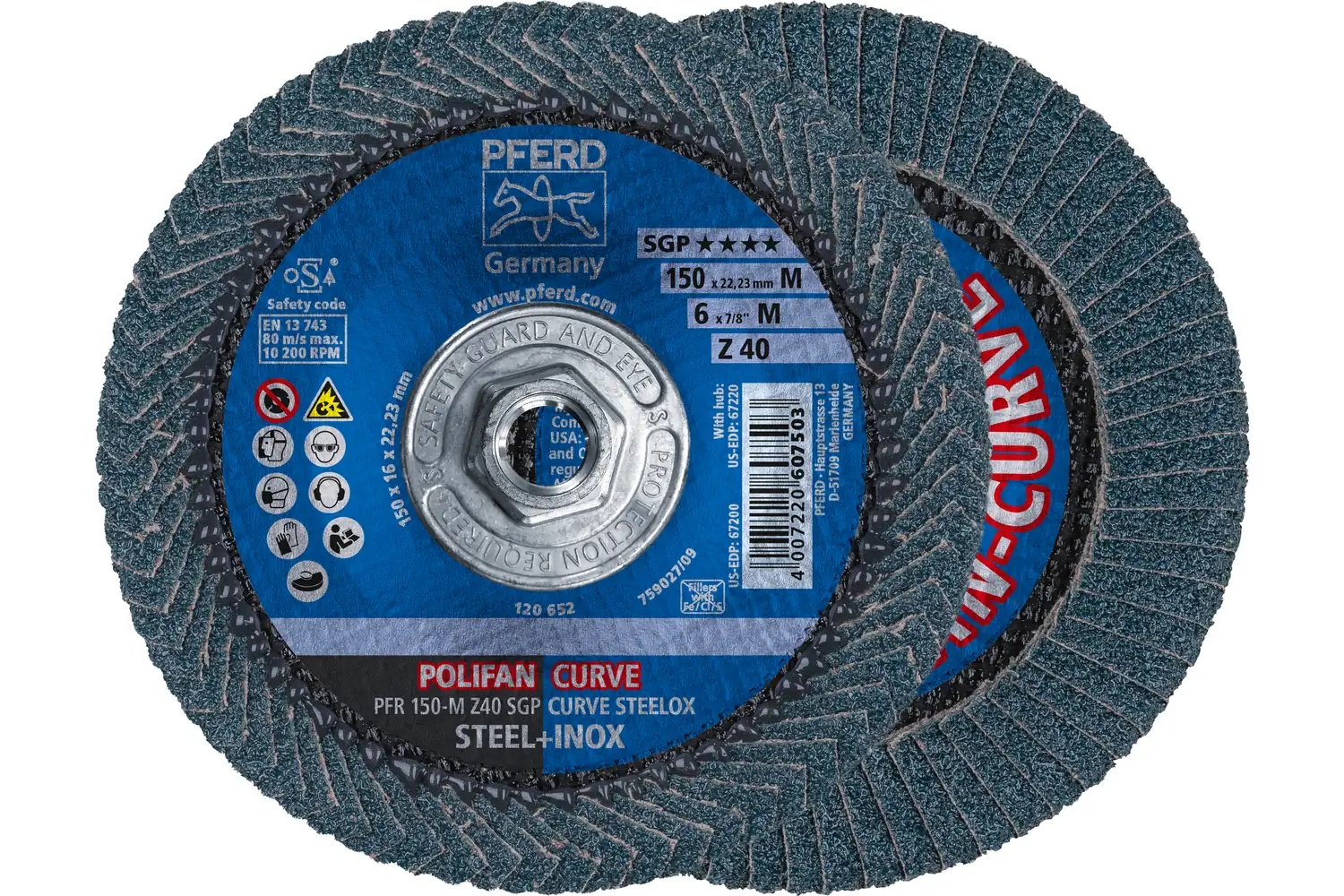 Picture of Pferd Flap Disc, 6" x 5/8-11, Z SGP Curve Steelox, 40 Grit, Medium Radius, Zirconia